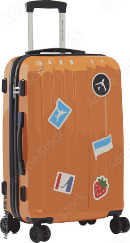 Orange travel suitcase with stickers, modern luggage isolated on white background, tourism vacation concept, airline journey baggage illustration photo