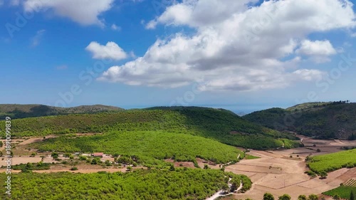 Aerial drone view of the road to Volimes, Zakynthos, Greece, show...