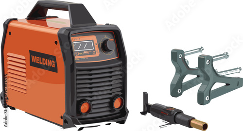 Portable welding machine with accessories isolated on white background, industrial metalwork equipment, professional electric welder tool design