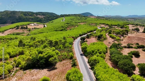 Aerial drone footage of the scenic road to Volimes, Zakynthos, Gr...