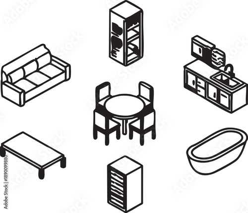 Isometric furniture vector set: sofa, table, kitchen, bathroom, and storage eps silhouette
