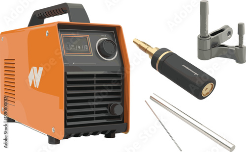 Portable welding machine with accessories isolated on white background, industrial metalwork equipment, professional electric welder tool design