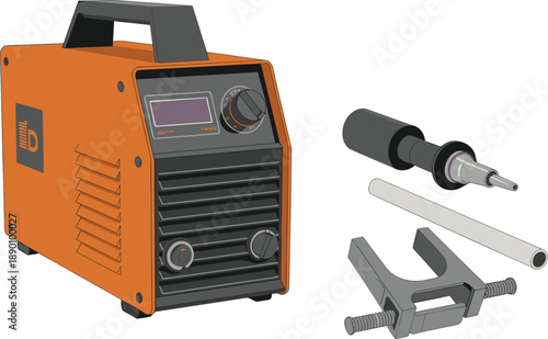 Portable welding machine with accessories isolated on white background, industrial metalwork equipment, professional electric welder tool design