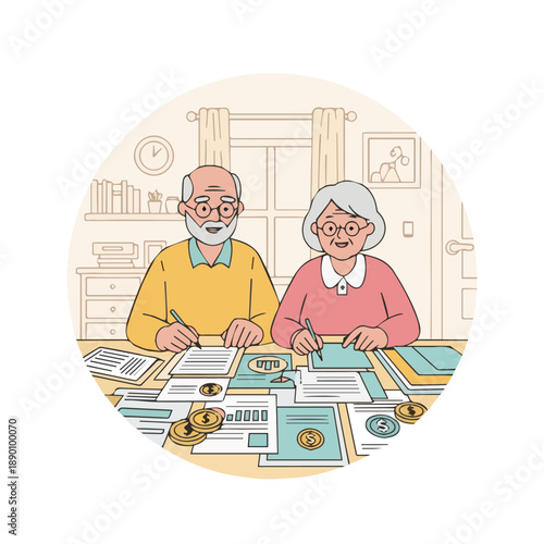 Elderly couple planning retirement together at home surrounded by documents and financial papers in a cozy living room