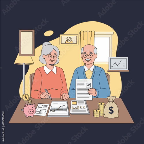 Elderly couple reviewing financial documents together at home desk with savings and investment plans