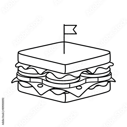 Black outline club sandwich with flag toothpick, minimal line art vector isolated on white background.