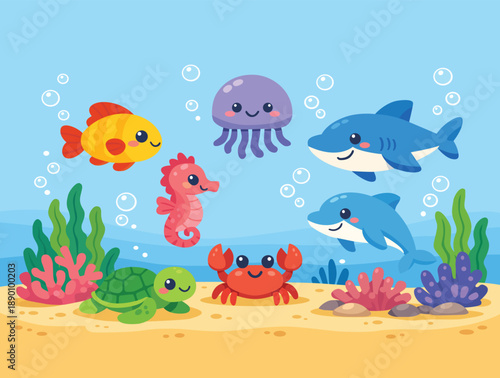 Full underwater scene featuring diverse sea life on sandy floor.