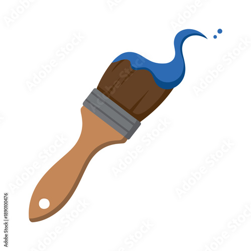 Flat illustration of a paintbrush loaded with blue paint, creative art vector isolated on white background.