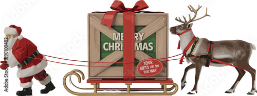 Santa Claus and reindeer pulling Christmas gift sleigh, festive holiday delivery concept, winter celebration, isolated on white background