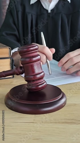 Court session with judge and gavel at a legal hearing in a formal setting