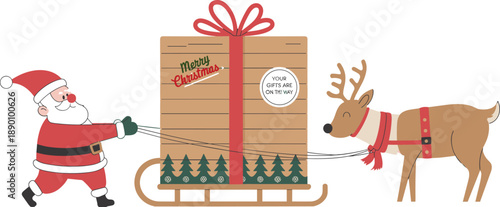 Santa Claus and reindeer pulling Christmas gift sleigh, festive holiday delivery concept, winter celebration, isolated on white background