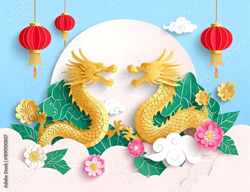 Golden dragons in festive paper art with lanterns, clouds, and flowers, symbolizing prosperity for Chinese New Year