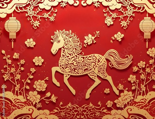 Golden Horse Decoration with Floral Elements on Red Background for Chinese New Year Celebrations