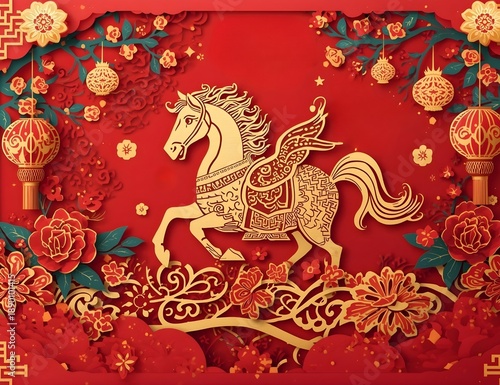 Golden Horse with Wings Lunar New Year Decoration Red Background Festive Elements