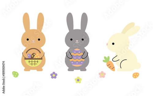 Three adorable bunnies in different shades holding Easter-themed items like eggs, a basket, and a carrot, perfect for Easter designs.