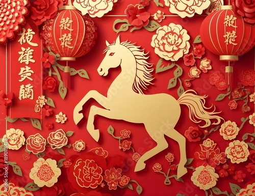 Vibrant Golden Horse Paper Cut Art, Auspicious Floral Decorations for Lunar New Year Celebration