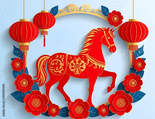 Red Horse Illustration with Lanterns and Flowers in a Circular Frame for Chinese New Year Celebration