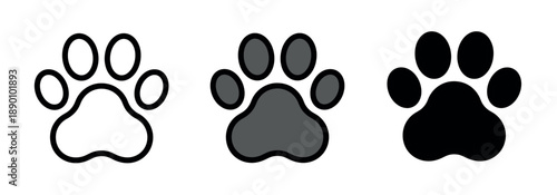 Animal paw print icon set including outline, grey, and solid black versions. Dog or cat footprint vector illustration for pet-related designs.