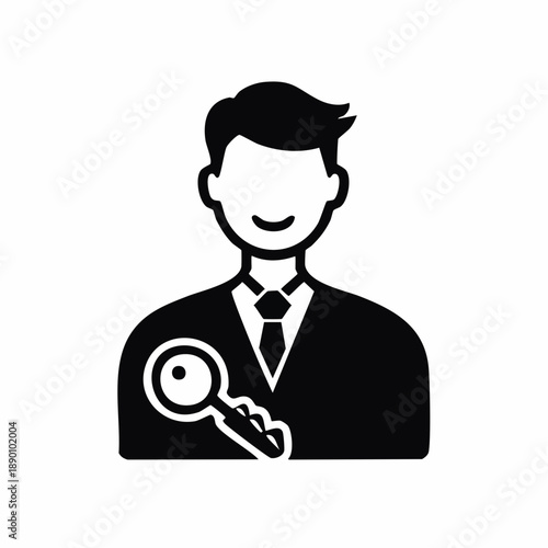Authorized access icon featuring a professional user holding a key, representing secure login, account privileges, and administrative control in digital environments
