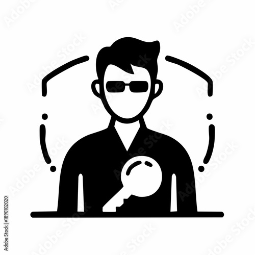 Vector illustration of an anonymous figure in sunglasses holding a magnifying glass, symbolizing meticulous data analysis, privacy protection, and comprehensive digital investigation