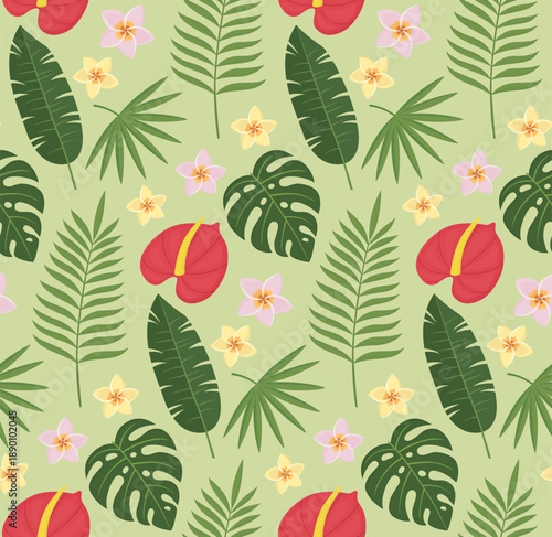 Seamless pattern with exotic plants and tropical flowers. Summer background with foliage and blossoms