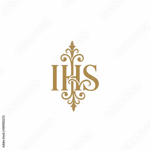IHS Christogram religious symbol with ornate golden flourishes.