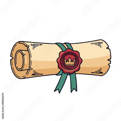 Royal decree scroll with wax seal and green ribbon vector illustration