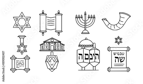 Judaism Outline Icons Vector Set with Editable Stroke for Religious and Educational Design