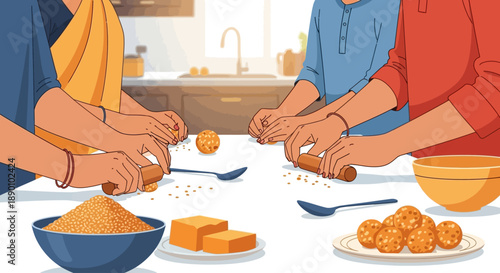 A charming flat design illustration showcasing an Indian family in an urban setting preparing traditional til-gud sweets for Makar Sankranti. 