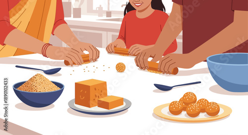 A charming flat design illustration showcasing an Indian family in an urban setting preparing traditional til-gud sweets for Makar Sankranti. 