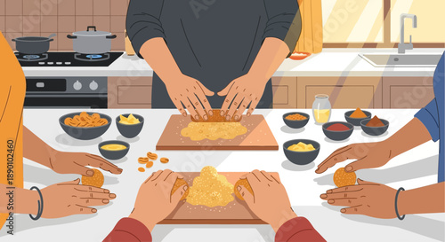 A charming flat design illustration showcasing an Indian family in an urban setting preparing traditional til-gud sweets for Makar Sankranti. 