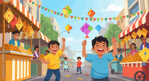 A delightful flat design illustration depicting Indian children joyfully playing with small kites in an urban park during Makar Sankranti. 