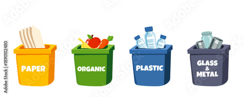 vector set of recycling bins for paper, plastic, glass, metal and organic waste, colorful containers for waste sorting, eco friendly sustainability concept