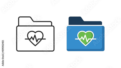 Collection of stylized folder icons featuring a prominent cardiogram line overlaid on a heart symbol representing medical records or health data management systems