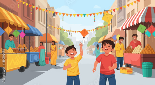 A delightful flat design illustration depicting Indian children joyfully playing with small kites in an urban park during Makar Sankranti. 