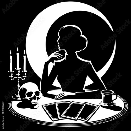 Table Fortune: Woman sitting at a table with a skull and cards.