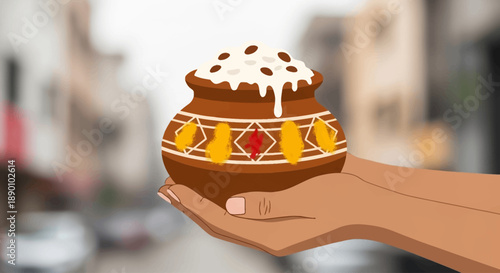 A detailed flat design illustration featuring hands holding a traditional clay pot filled with Pongal/Sankranti rice pudding, adorned with festive marks, against an urban Indian backdrop. 