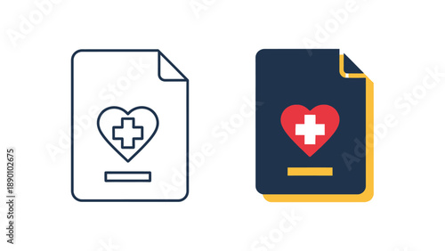 Collection of two stylized medical document icons one featuring a simple outline and the other a bold flat design showcasing a heart with a white cross symbol.