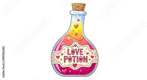 Magical love potion in colorful glass bottle with hearts