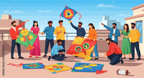 An energetic flat design illustration showing a group of friends gathering on an urban rooftop in India, preparing for a Makar Sankranti kite flying competition.