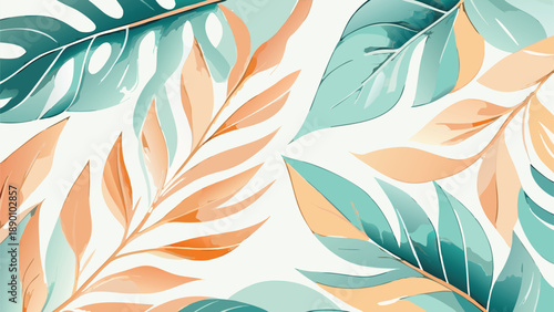 Vibrant flat style botanical illustration of rainbow tinted leaves on white background