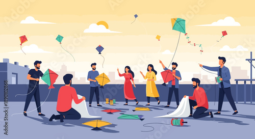 An energetic flat design illustration showing a group of friends gathering on an urban rooftop in India, preparing for a Makar Sankranti kite flying competition.