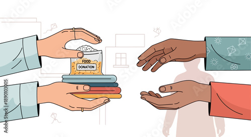 An empathetic flat design illustration showing hands giving donations to underprivileged people in an urban Indian setting during Makar Sankranti, emphasizing the festival's spirit of charity. 