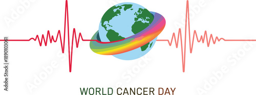 World Cancer Day global awareness illustration with heartbeat pulse lines, Earth globe and rainbow ring symbolizing health, unity, hope, resilience