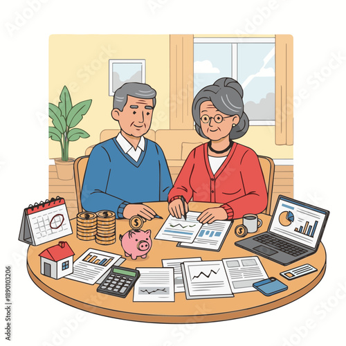 Elderly couple reviewing financial documents together at home office desk with laptop and papers