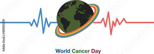 World Cancer Day global awareness illustration with heartbeat pulse lines, Earth globe and rainbow ring symbolizing health, unity, hope, resilience