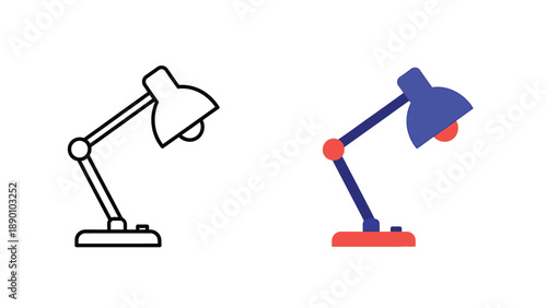 Graphic illustration displaying two styles of adjustable desk lamps one featuring a simple black line art outline and the other a flat modern color design
