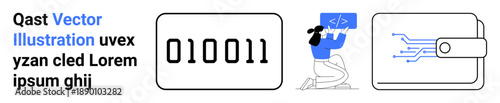 Coding education, digital learning, cybersecurity, programming, data protection, and technology advancement. Binary code, a woman holding coding symbols and a digital wallet. Coding education