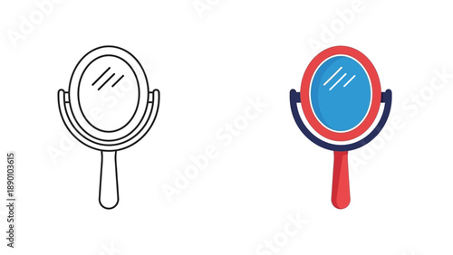 Collection of two handheld vanity mirror icons showing a detailed flat color illustration beside a simple black and white outline drawing for comparison and design contrast