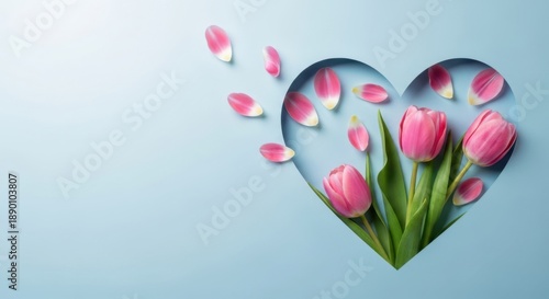 Mother's day minimal poster with pink tulips and heart shape design